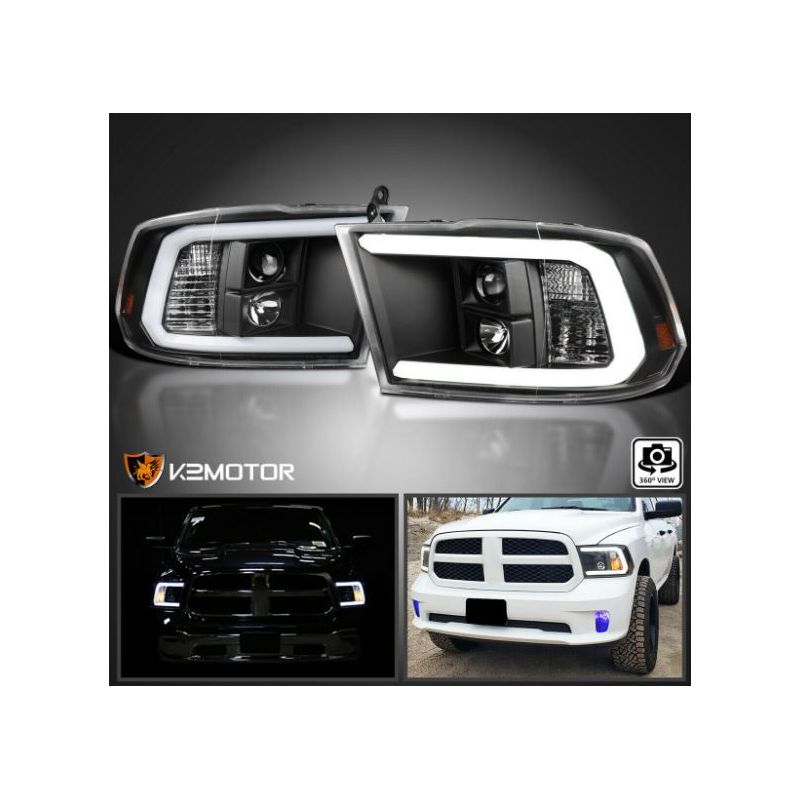 BLACK PROJECTOR HEADLIGHTS+LED STRIP BAR LEFT AND RIGHT DODGE RAM 09-18